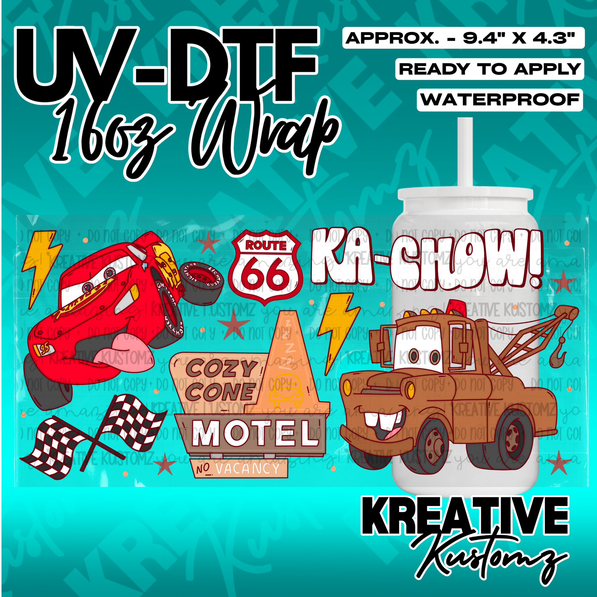 A Cars themed UV DTF cup wrap featuring Lightning McQueen, Mater, and Route 66 motifs.