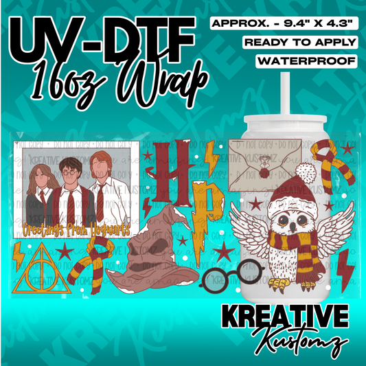 A Harry Potter themed UV DTF adhesive wrap for a 16oz glass can.