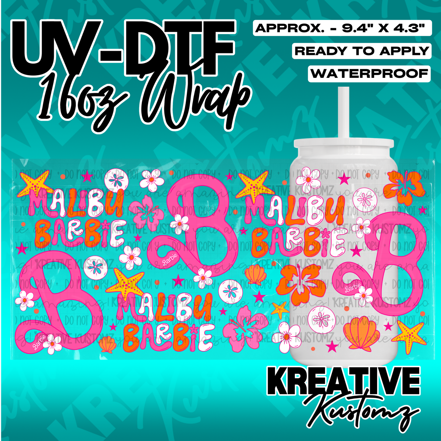 A vibrant Malibu Barbie themed UV DTF adhesive wrap for a 16oz glass can.