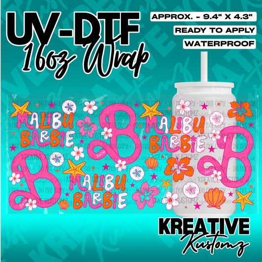 A vibrant Malibu Barbie themed UV DTF adhesive wrap for a 16oz glass can.