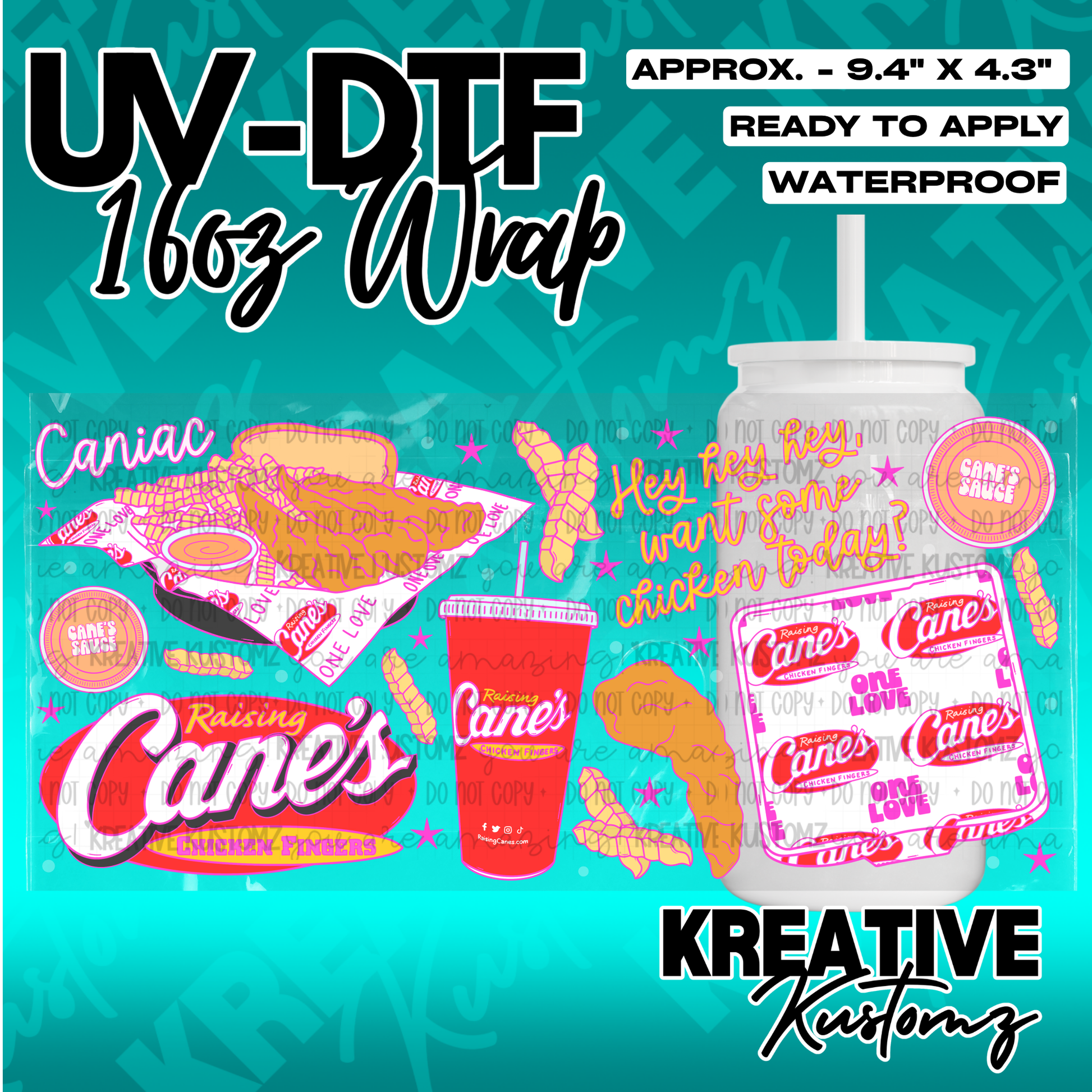 A Raising Cane's themed UV DTF adhesive wrap for a 16oz glass cup.