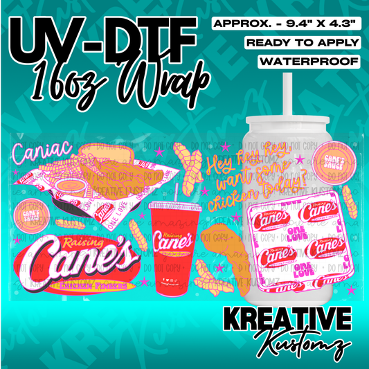 A Raising Cane's themed UV DTF adhesive wrap for a 16oz glass cup.