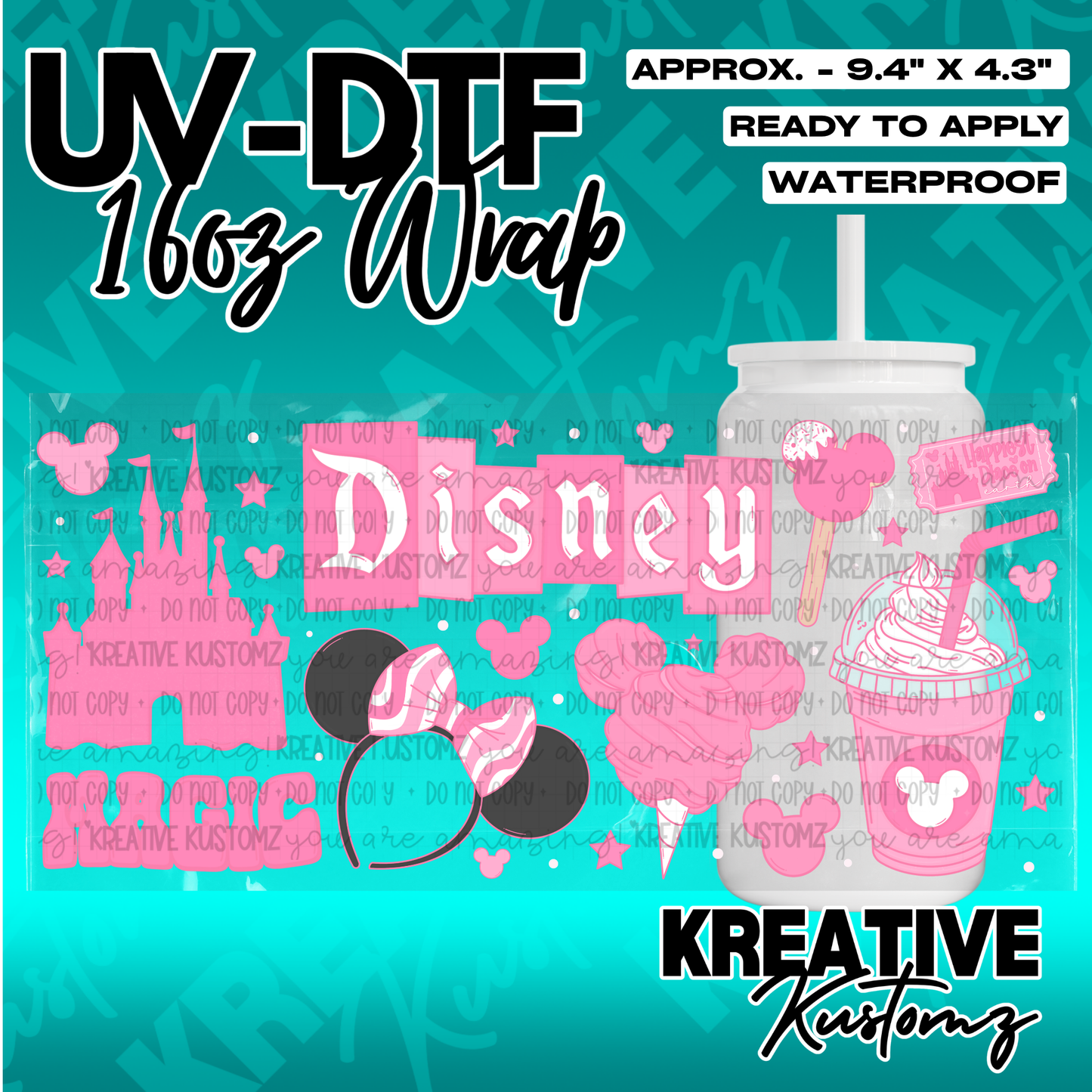 A pink Disney-themed UV DTF adhesive wrap for a 16oz glass cup featuring castle and icon designs.