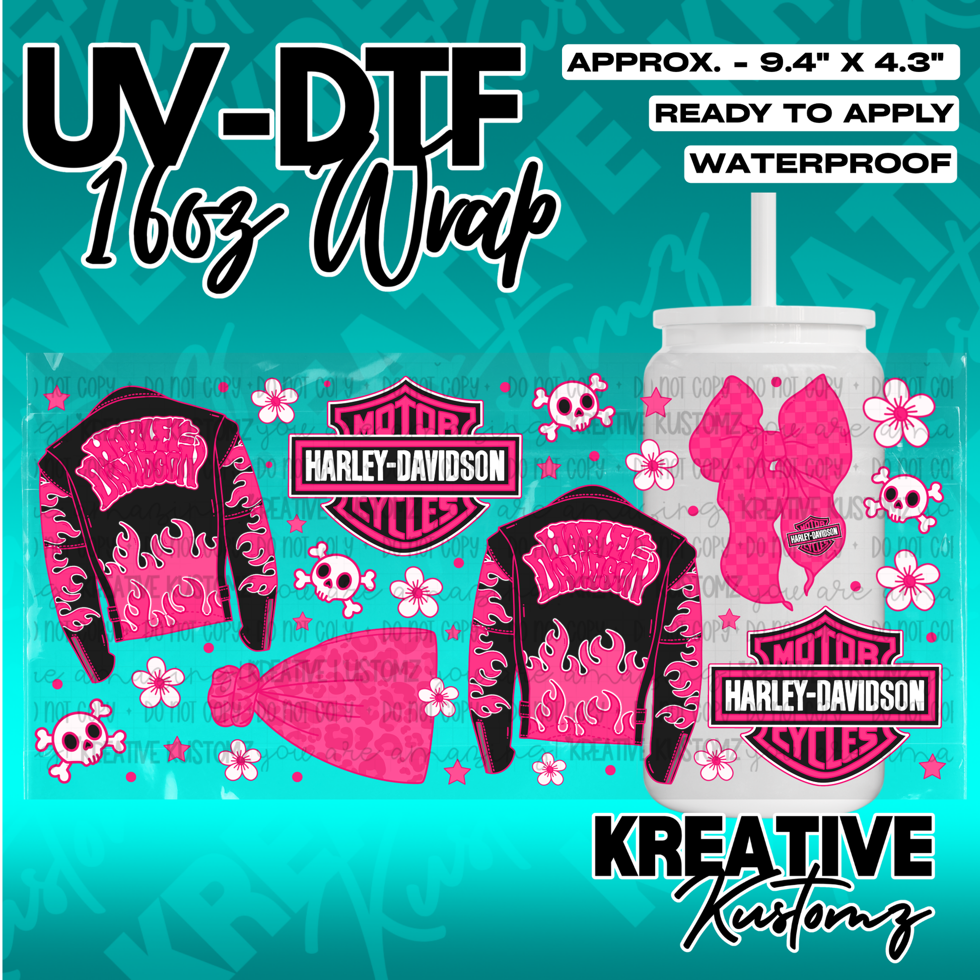 A pink and black Harley-Davidson themed UV DTF wrap for a 16oz glass cup.