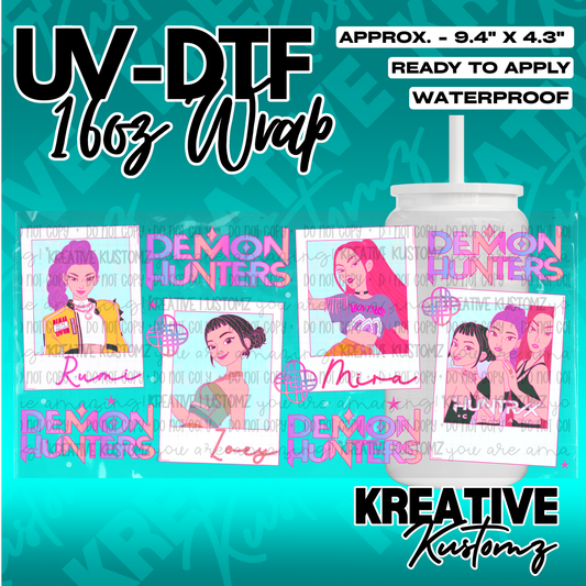 A UV DTF adhesive wrap for a 16oz glass cup featuring Demon Hunters character illustrations.