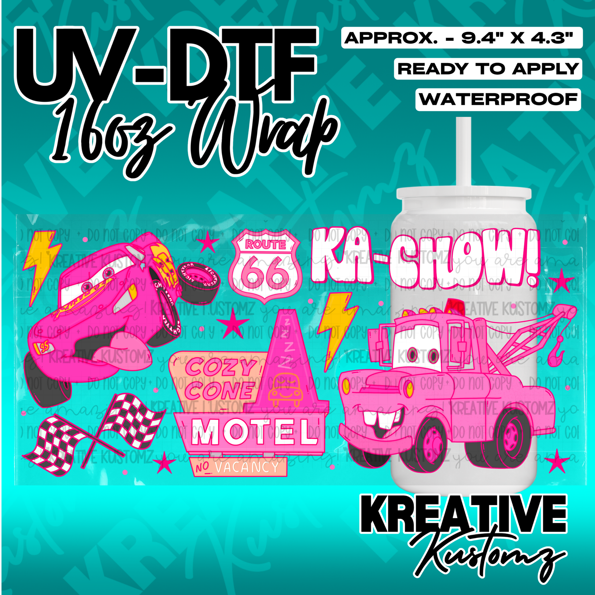 A pink themed UV DTF wrap for a 16oz glass cup featuring cartoon cars and motel graphics.