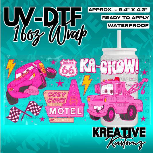 A pink themed UV DTF wrap for a 16oz glass cup featuring cartoon cars and motel graphics.