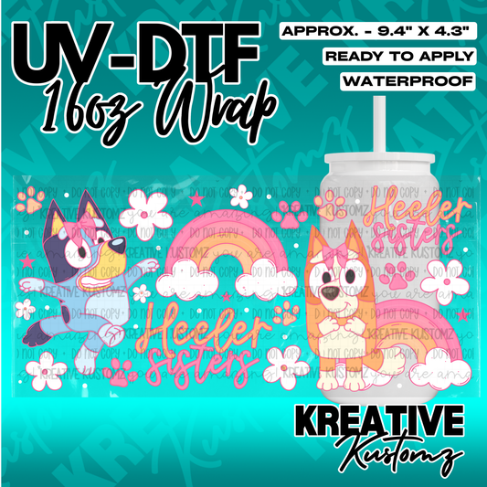 A UV DTF adhesive wrap for 16oz glass cans featuring Bluey and Bingo characters with rainbows.