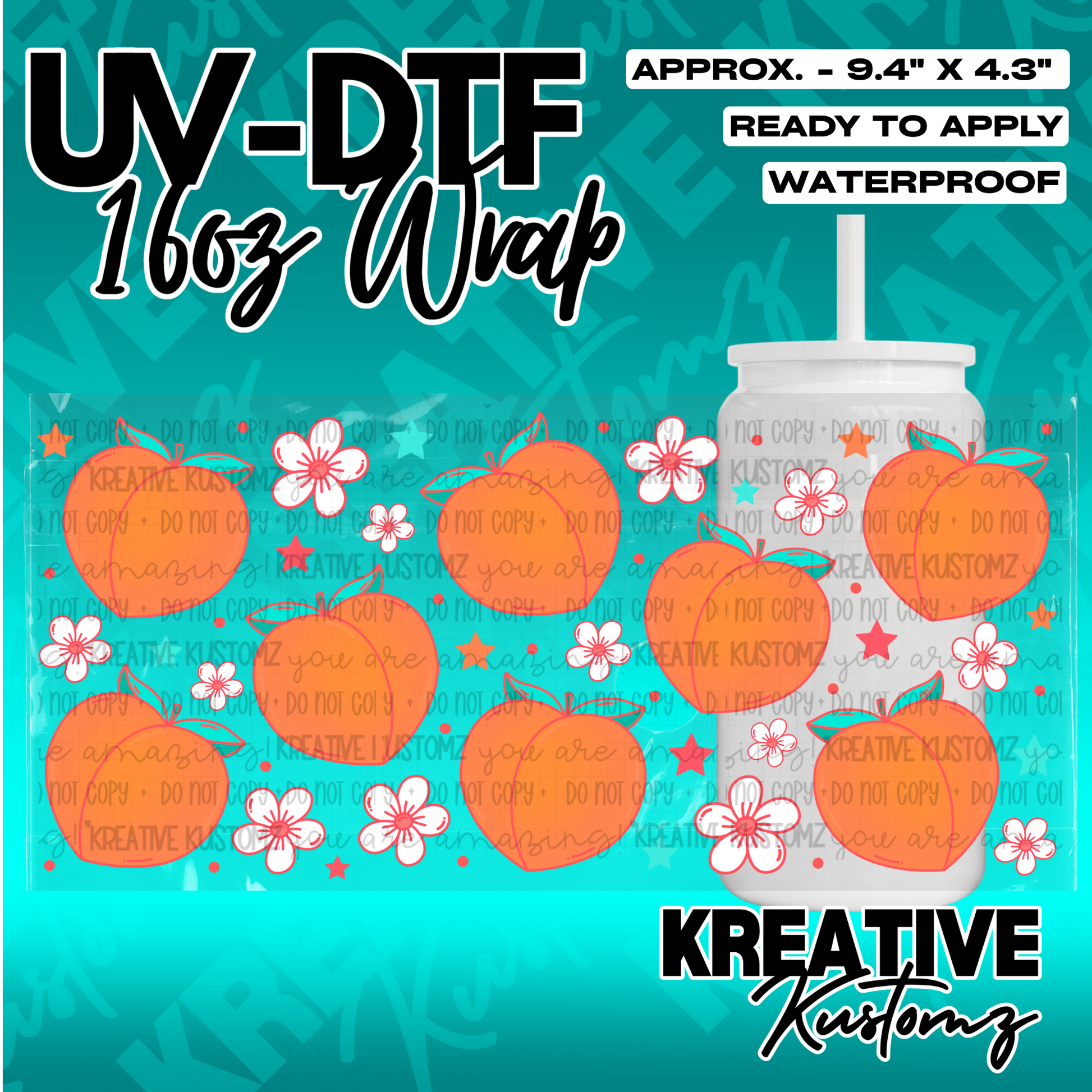 A peach and floral patterned UV DTF adhesive wrap for a 16 ounce glass cup.