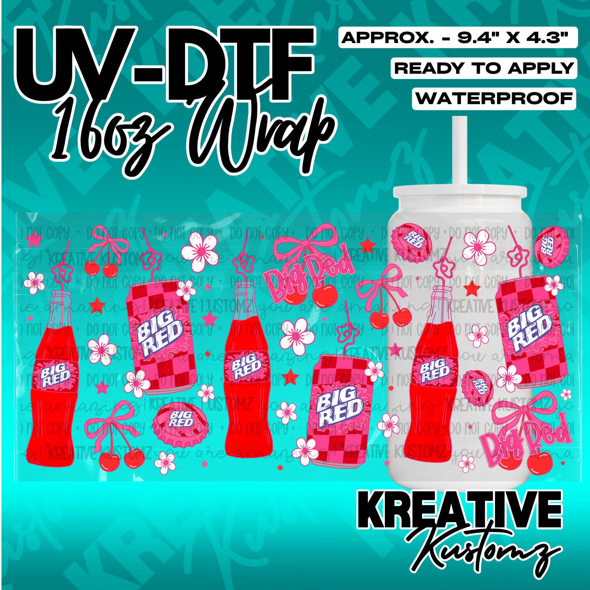 A Big Red soda themed UV DTF adhesive wrap for 16oz glass cans featuring cherries and flowers.