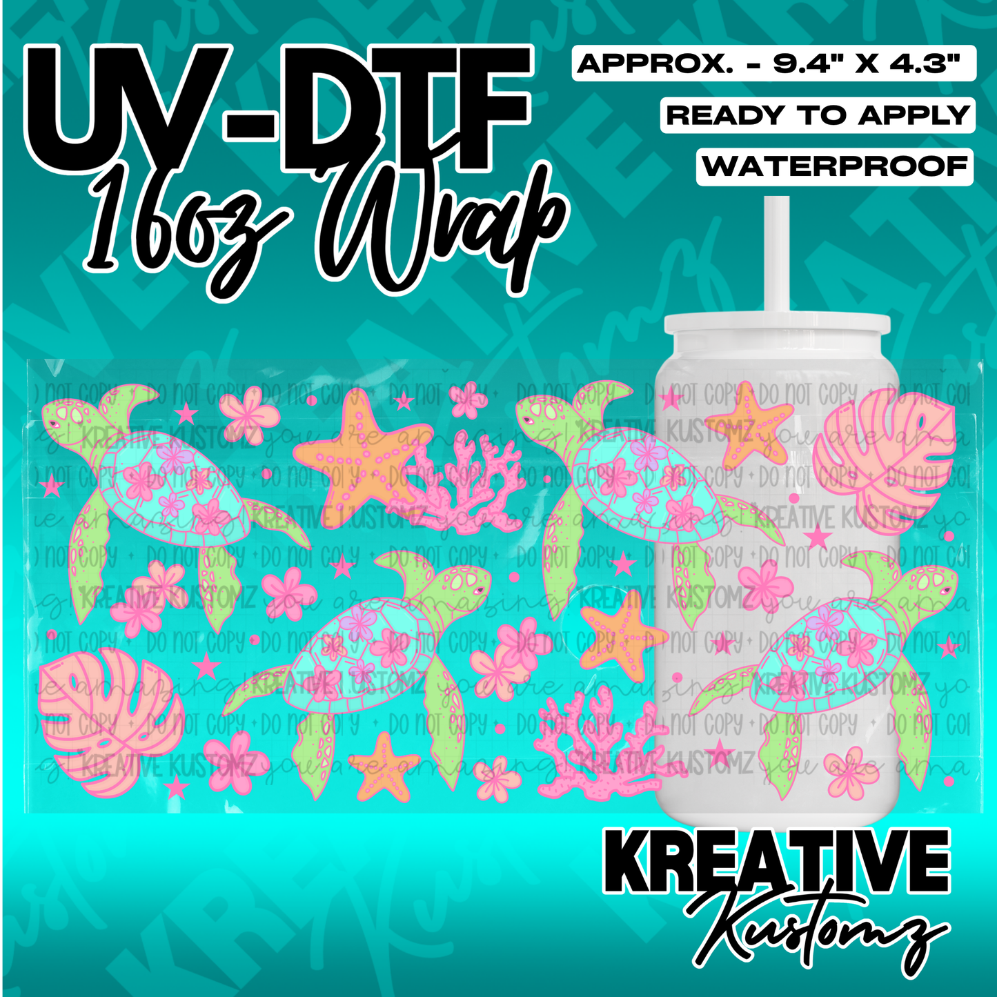 A floral UV DTF adhesive wrap for 16oz glass cans featuring sea turtles and coral designs.