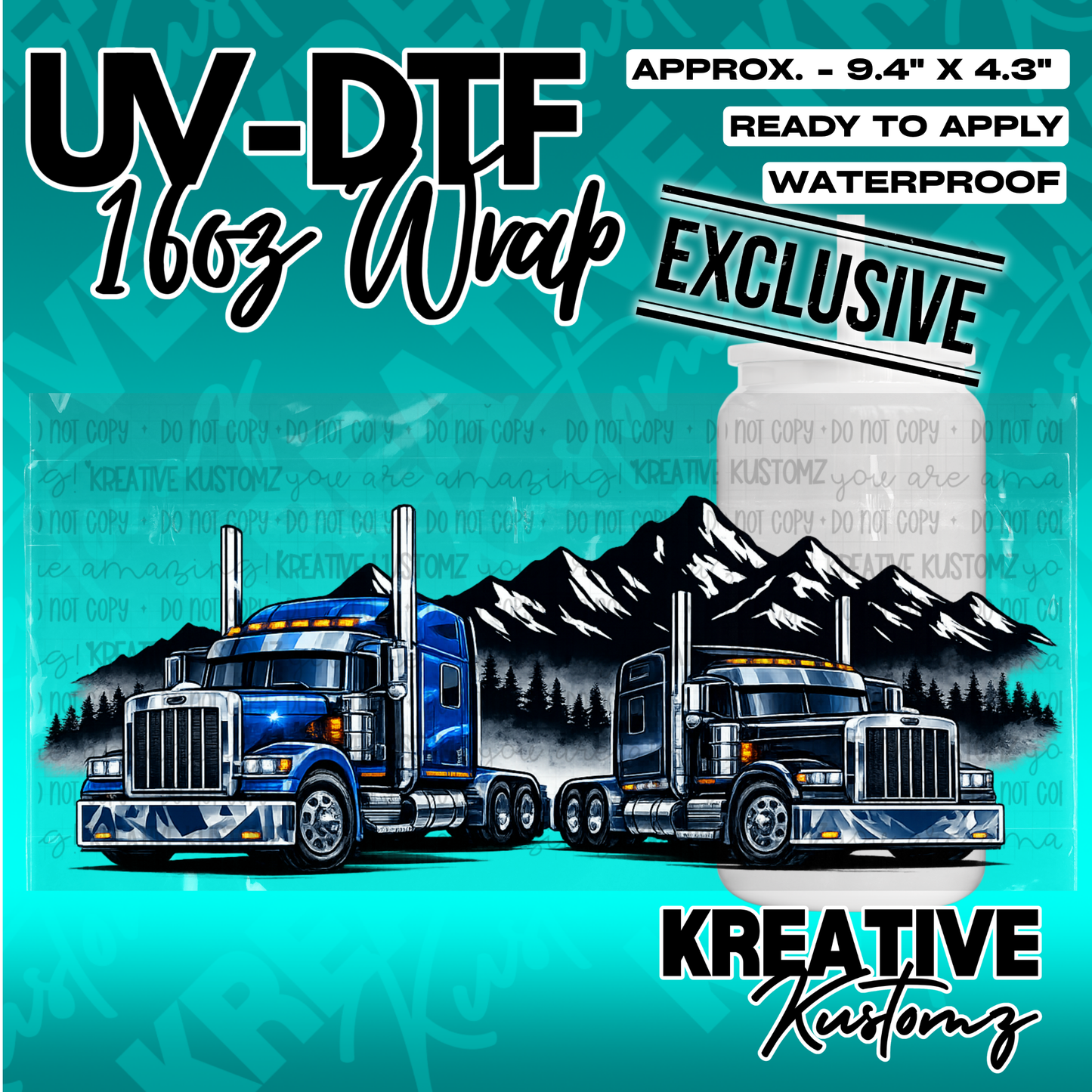 A UV DTF cup wrap featuring two semi-trucks in front of a mountain range.