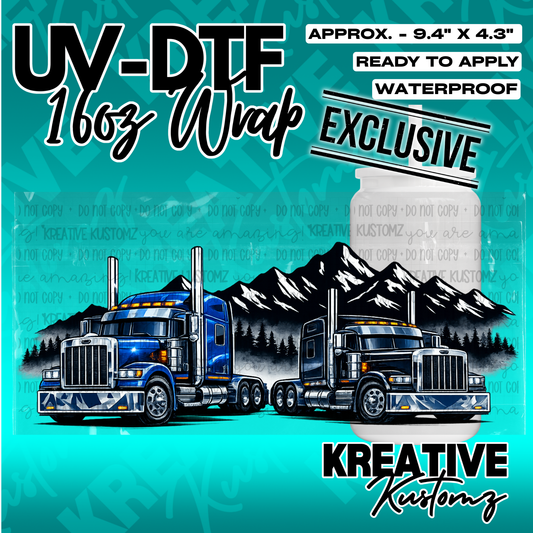 A UV DTF cup wrap featuring two semi-trucks in front of a mountain range.