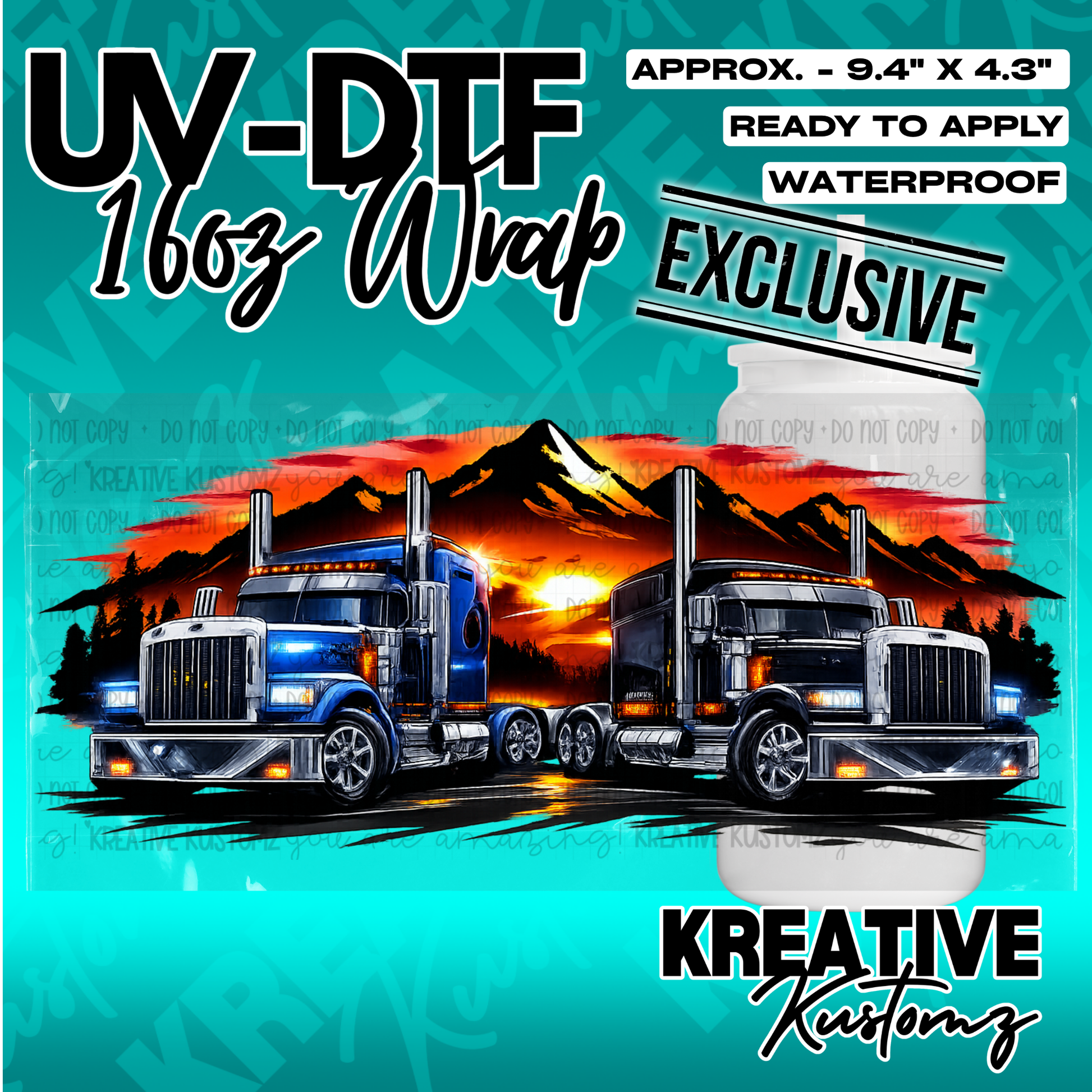 A UV DTF adhesive cup wrap featuring two semi-trucks against a sunset mountain landscape.