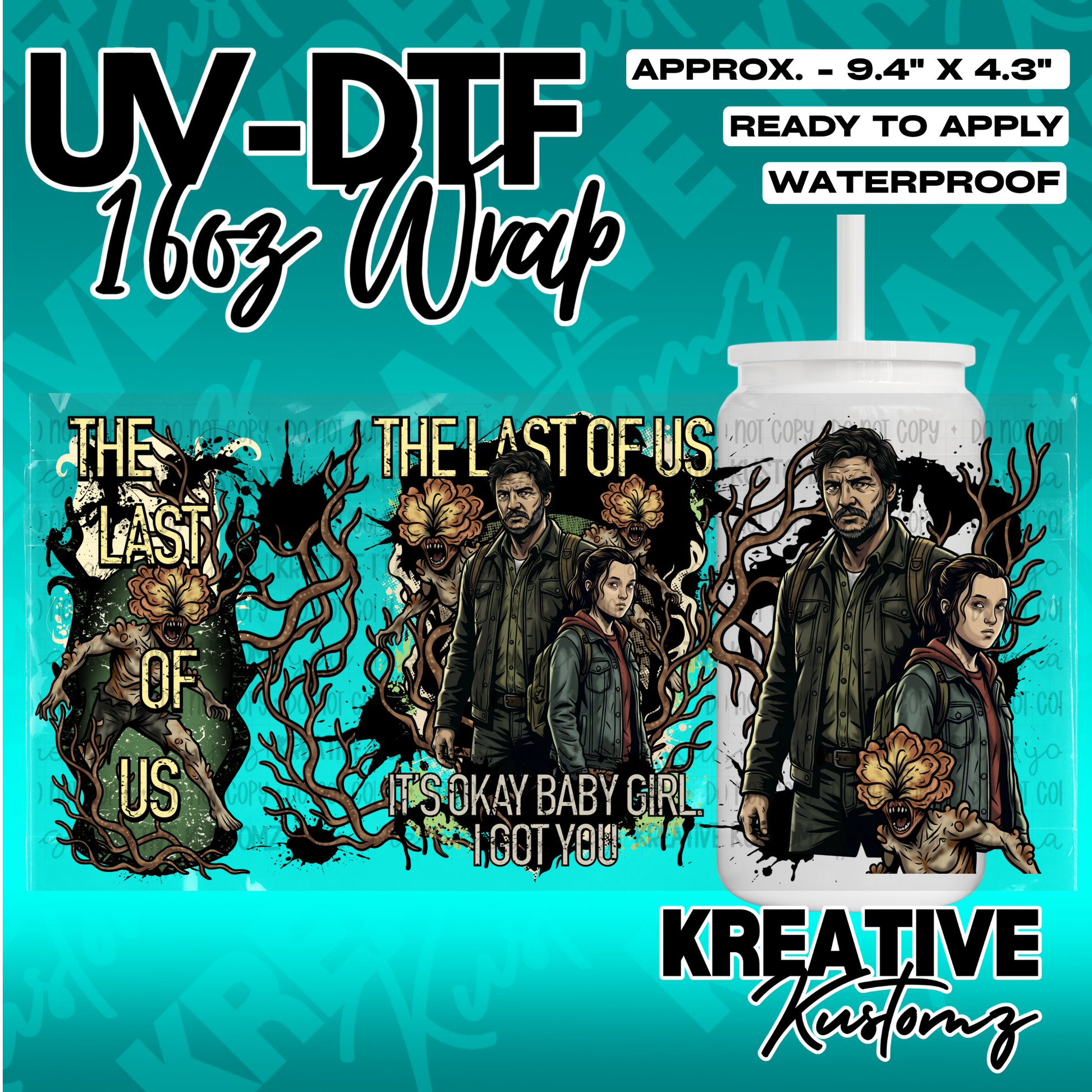 A UV DTF wrap for a 16oz glass cup featuring The Last of Us characters and infected imagery.
