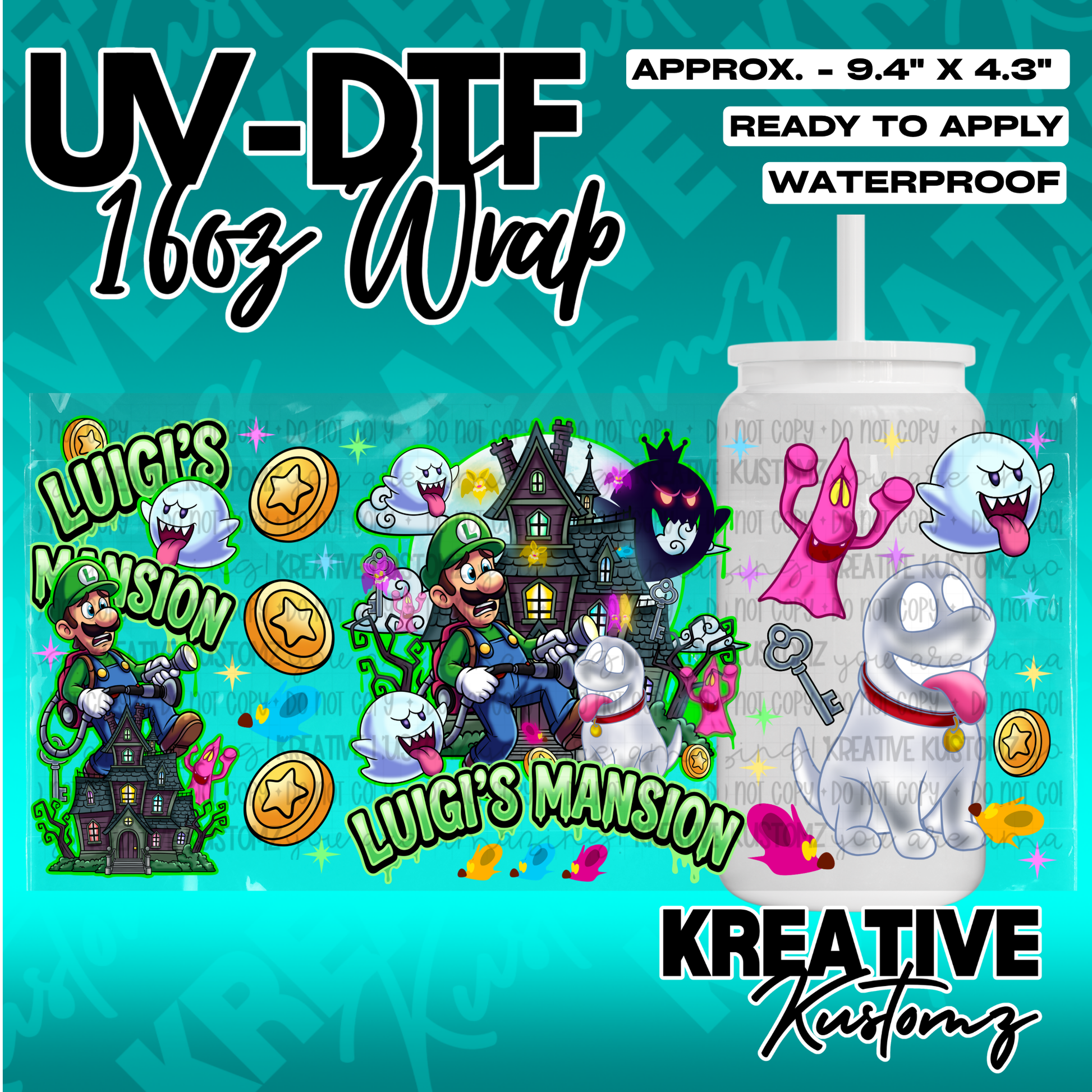 A Luigi's Mansion themed UV DTF wrap for a 16oz glass can featuring ghosts and characters.