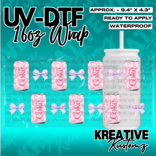 A UV DTF adhesive wrap for 16oz glass cans featuring a pink Diet Coke and bow pattern.