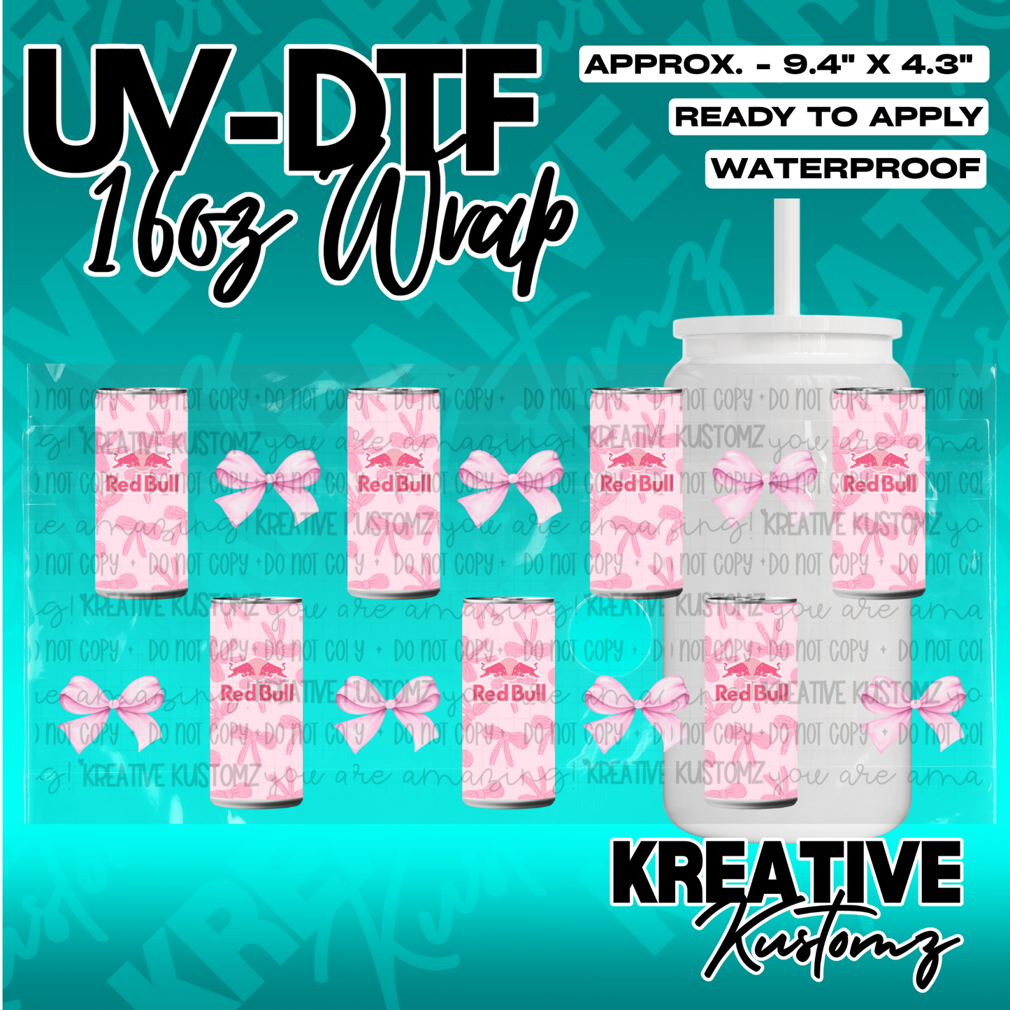 A pink Red Bull themed UV DTF adhesive wrap for a 16oz glass can featuring bow patterns.