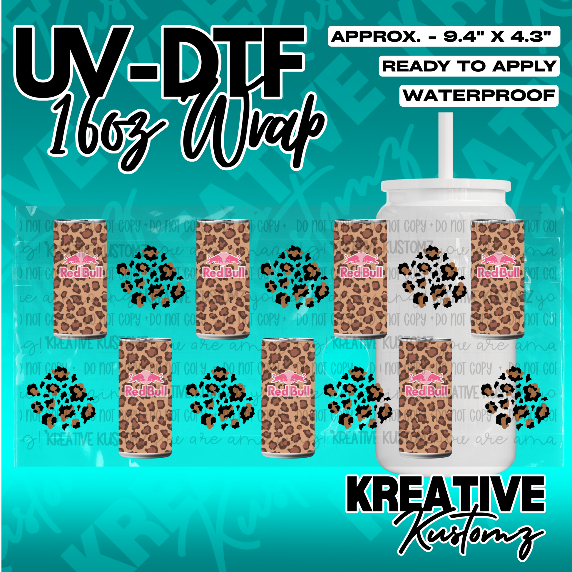 A leopard print UV DTF adhesive wrap featuring Red Bull logos for 16oz glass cans.