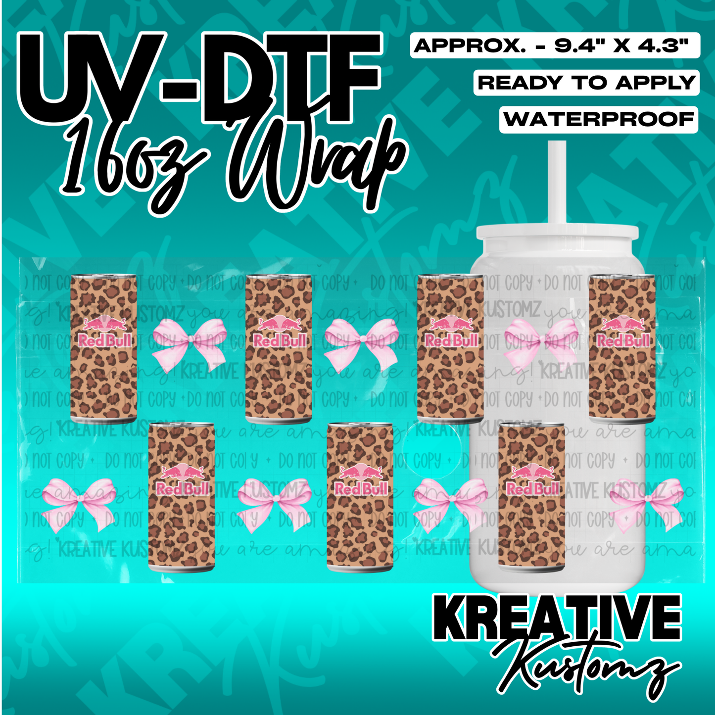 A leopard print UV DTF cup wrap featuring pink bows and Red Bull logos for 16oz glass cans.