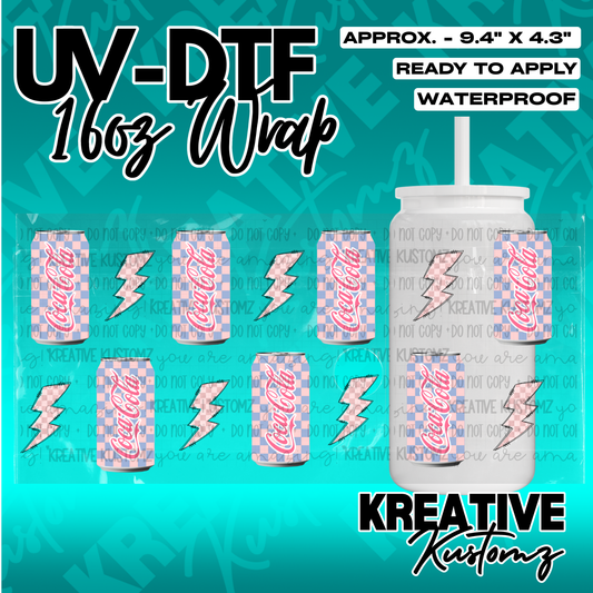 A UV DTF adhesive wrap for 16oz glass cans featuring a pink and blue checkered Coca-Cola design.