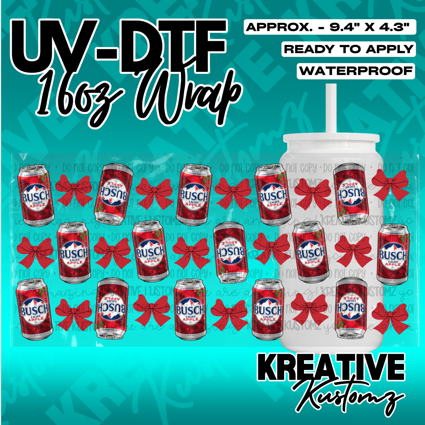 A UV DTF adhesive wrap for 16oz glass cans featuring a pattern of Busch Apple cans and red bows.
