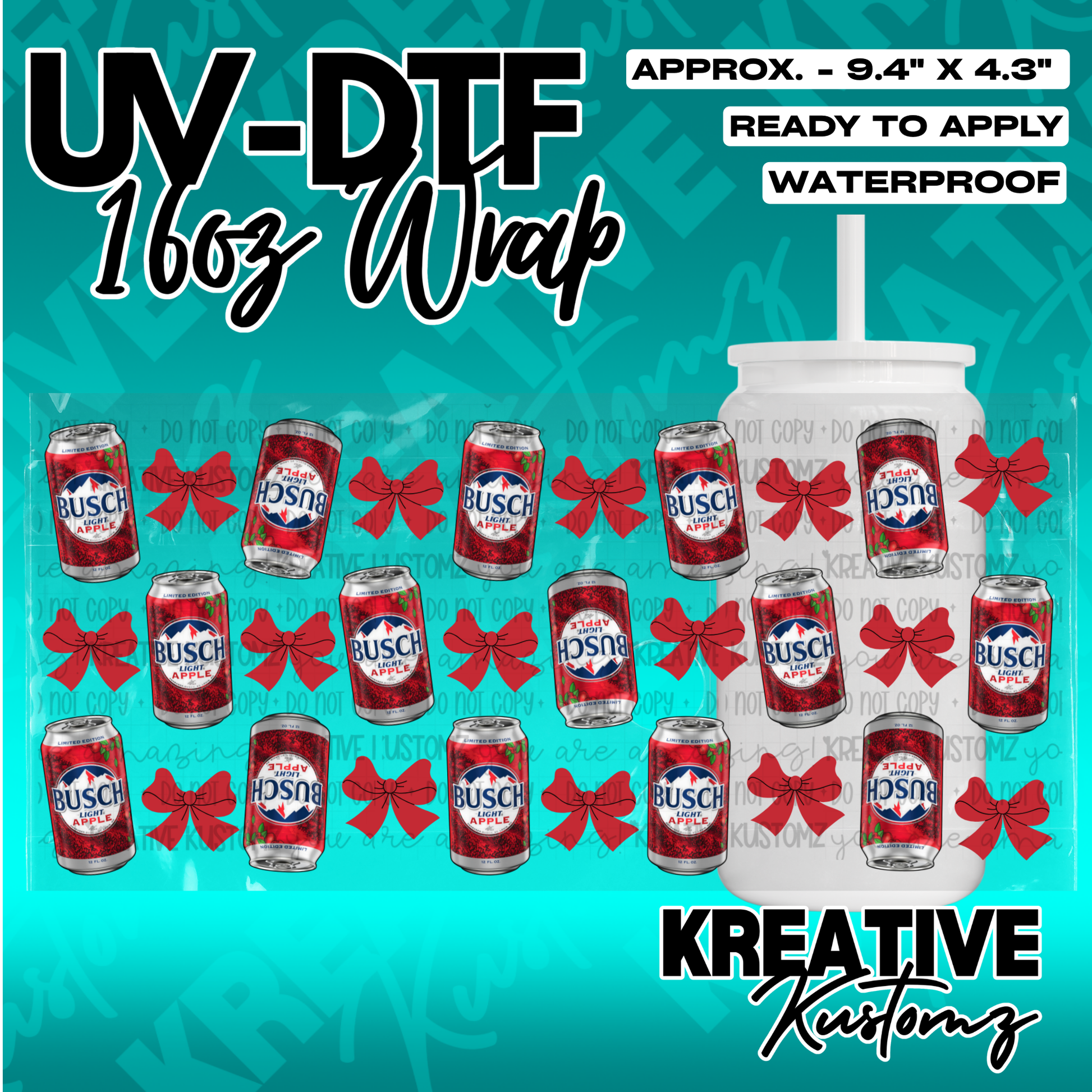 A UV DTF adhesive wrap for 16oz glass cans featuring a pattern of Busch Apple cans and red bows.