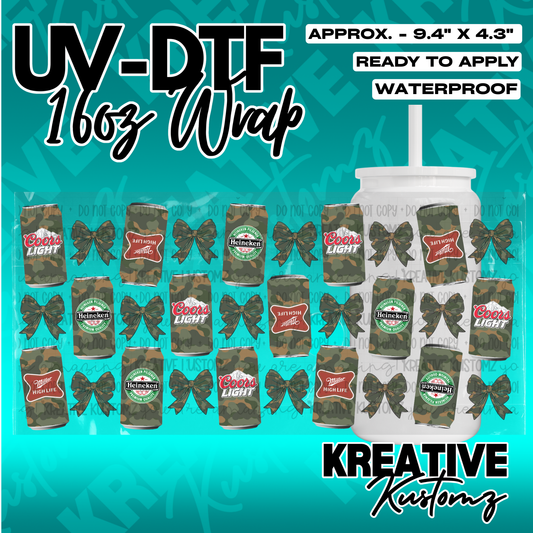 A UV DTF adhesive wrap for 16oz glass cans featuring a camo beer can and bow pattern.