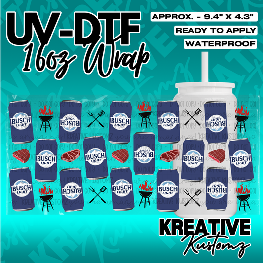 A UV DTF adhesive wrap for 16oz glass cans featuring a Busch Light beer and barbecue theme.