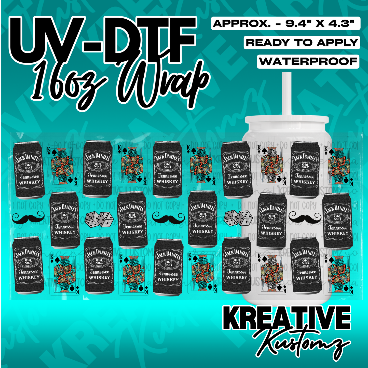 A UV DTF cup wrap featuring a Jack Daniels and playing card theme for 16oz glass cans.