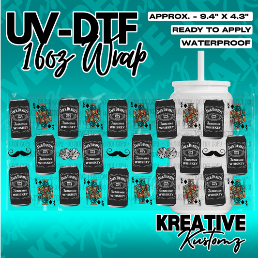 A UV DTF cup wrap featuring a Jack Daniels and playing card theme for 16oz glass cans.