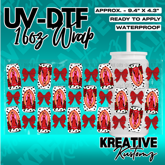 A sheet of UV DTF adhesive wraps featuring Our Lady of Guadalupe, red bows, and cow print.