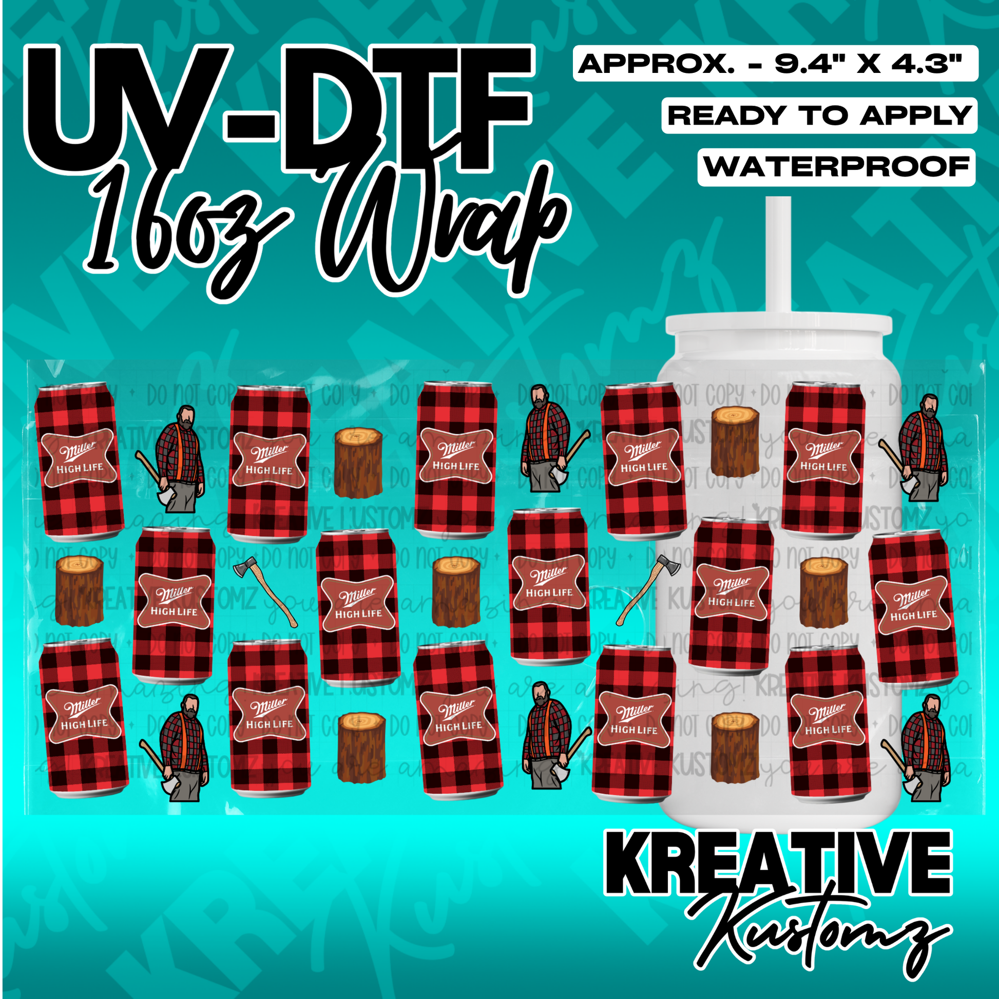 A UV DTF adhesive wrap for 16oz glass cans featuring a lumberjack and plaid beer can pattern.