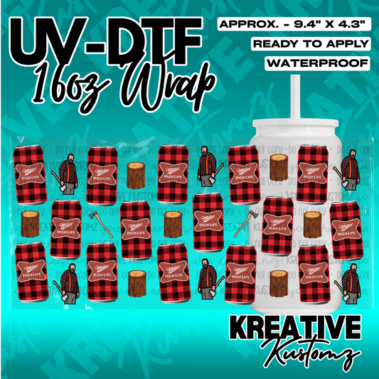 A UV DTF adhesive wrap for 16oz glass cans featuring a lumberjack and plaid beer can pattern.