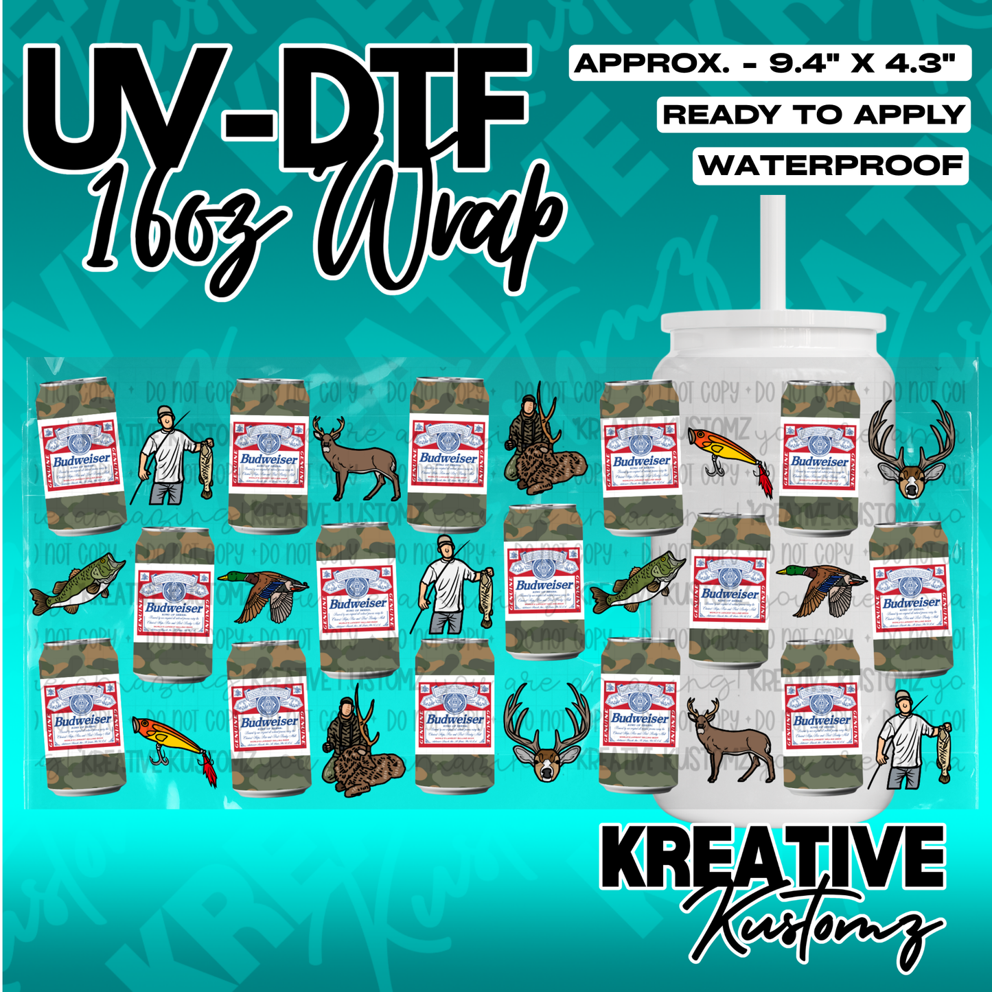 A UV DTF adhesive cup wrap featuring a camouflage pattern with Budweiser cans and hunting motifs.