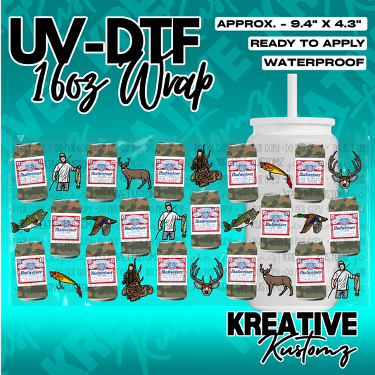A UV DTF adhesive cup wrap featuring a camouflage pattern with Budweiser cans and hunting motifs.