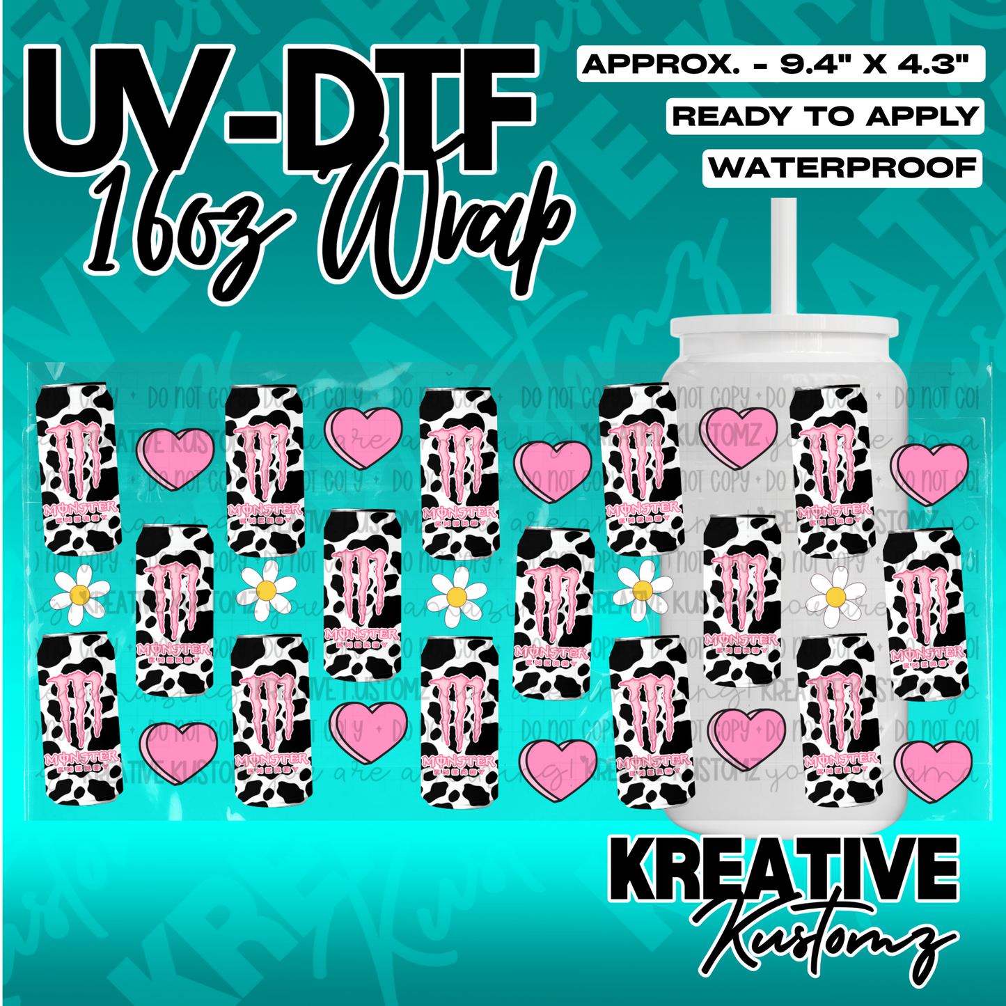 A UV DTF adhesive wrap for 16oz glass cans featuring a pink Monster logo and cow print pattern.