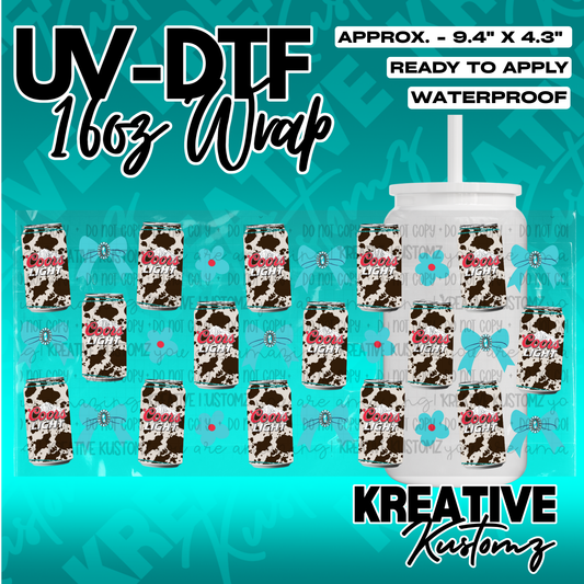 A UV DTF adhesive wrap for 16oz glass cans featuring a cow print and turquoise concho design.