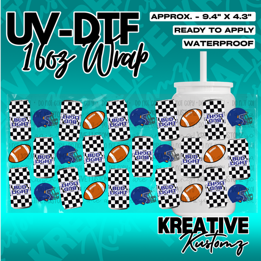 A UV DTF adhesive cup wrap featuring a pattern of Bud Light cans, footballs, and helmets.