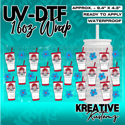 A UV DTF adhesive wrap for 16oz glass cans featuring a pattern of Wendy's cups and blue flowers.