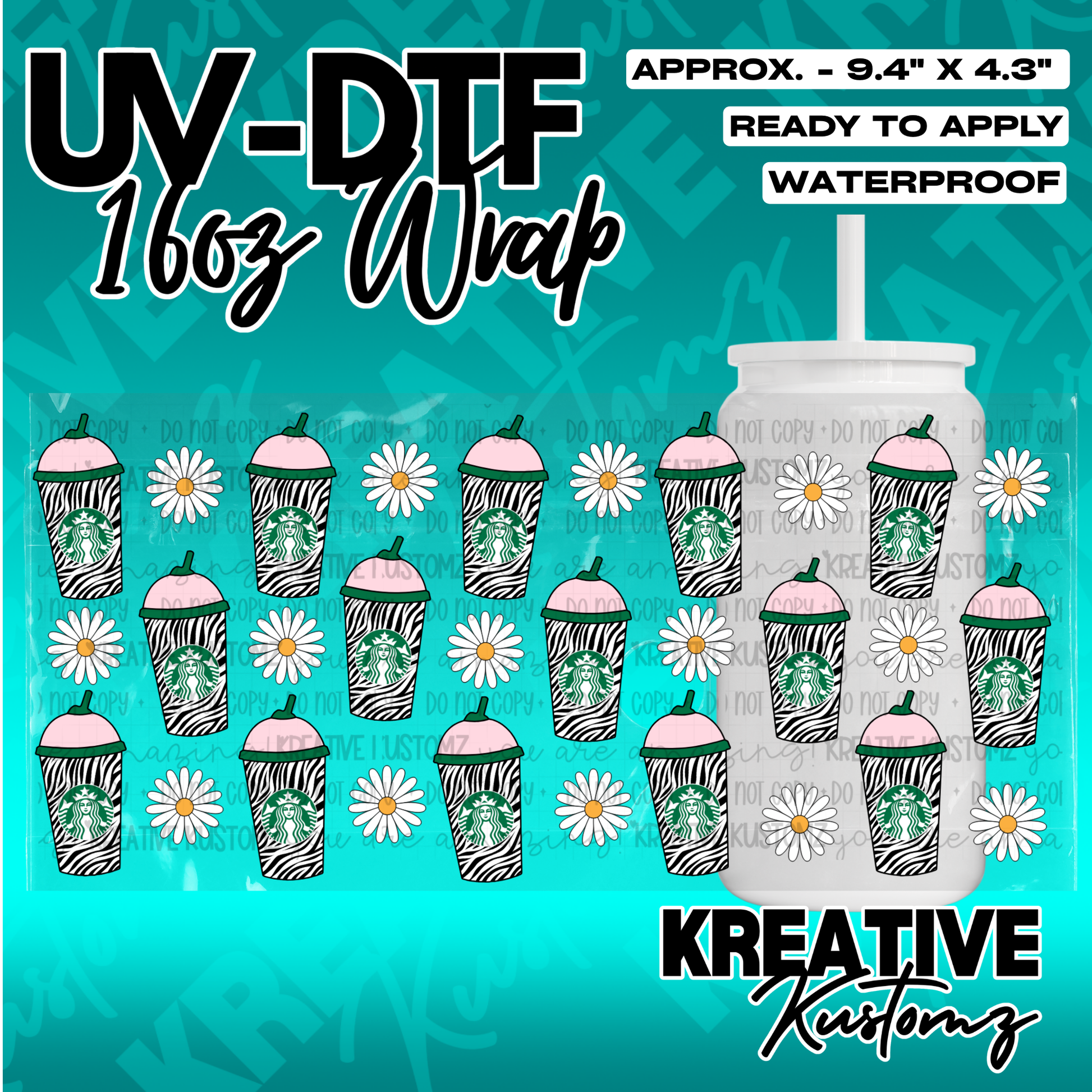 A UV DTF adhesive wrap featuring a repeating pattern of zebra print cups and daisies.
