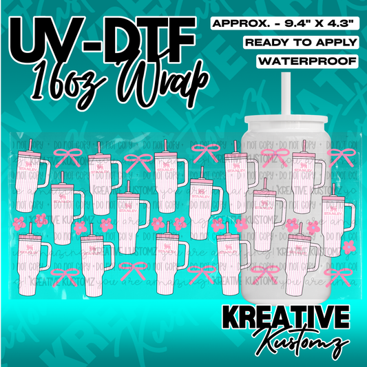 A UV DTF wrap for a 16oz glass cup featuring a repeating pattern of pink Stanley tumblers.