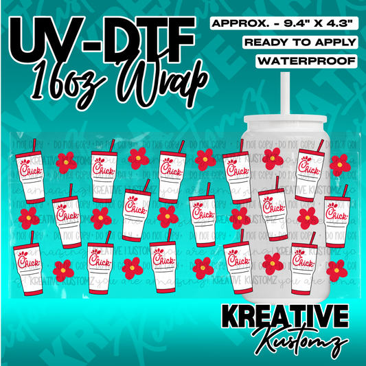 A UV DTF adhesive wrap for 16oz glass cans featuring a pattern of red flowers and drink cups.