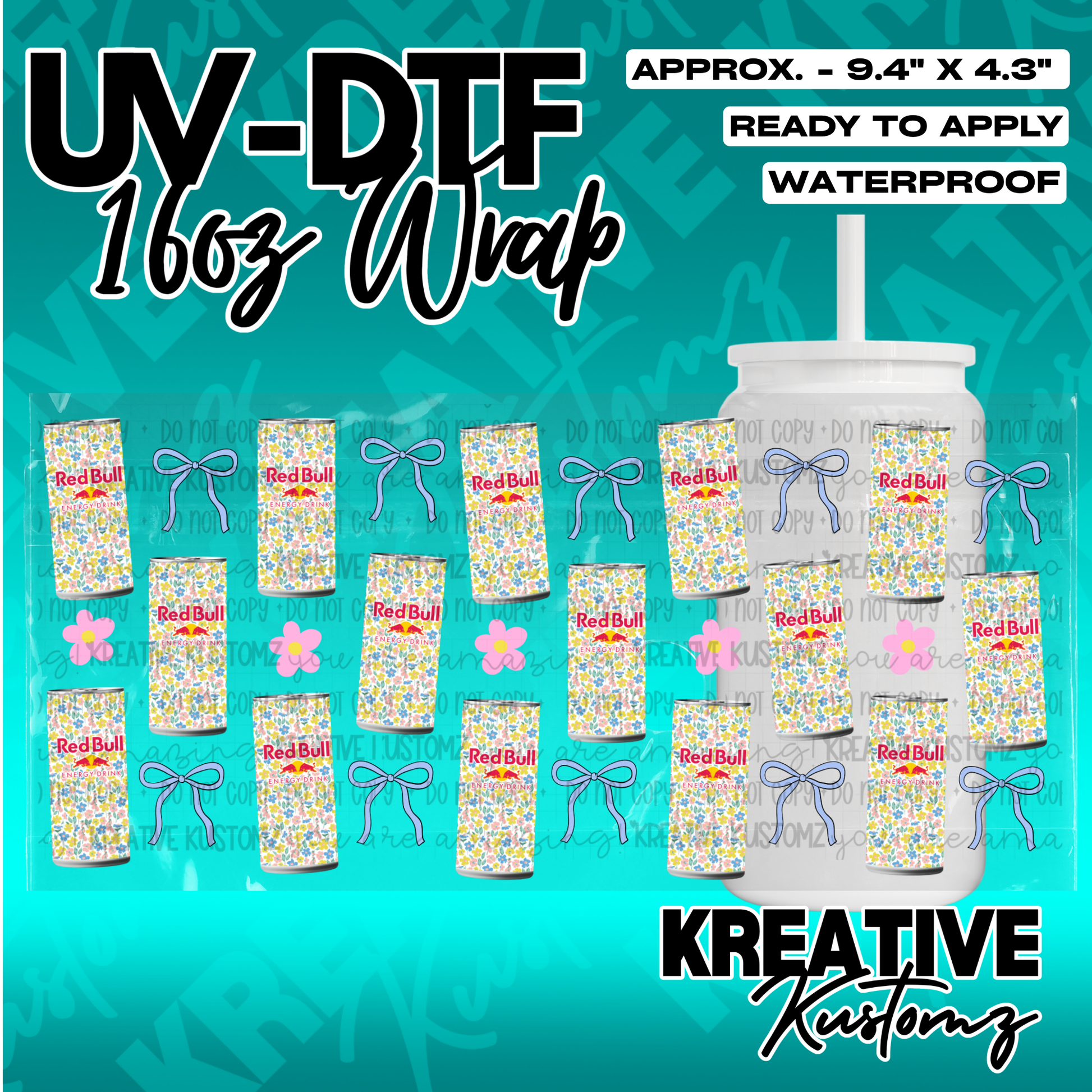 A UV DTF adhesive wrap for 16oz glass cans featuring a floral Red Bull and blue bow pattern.