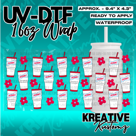 A UV DTF cup wrap featuring a repeating pattern of Sonic drink cups and pink flowers.
