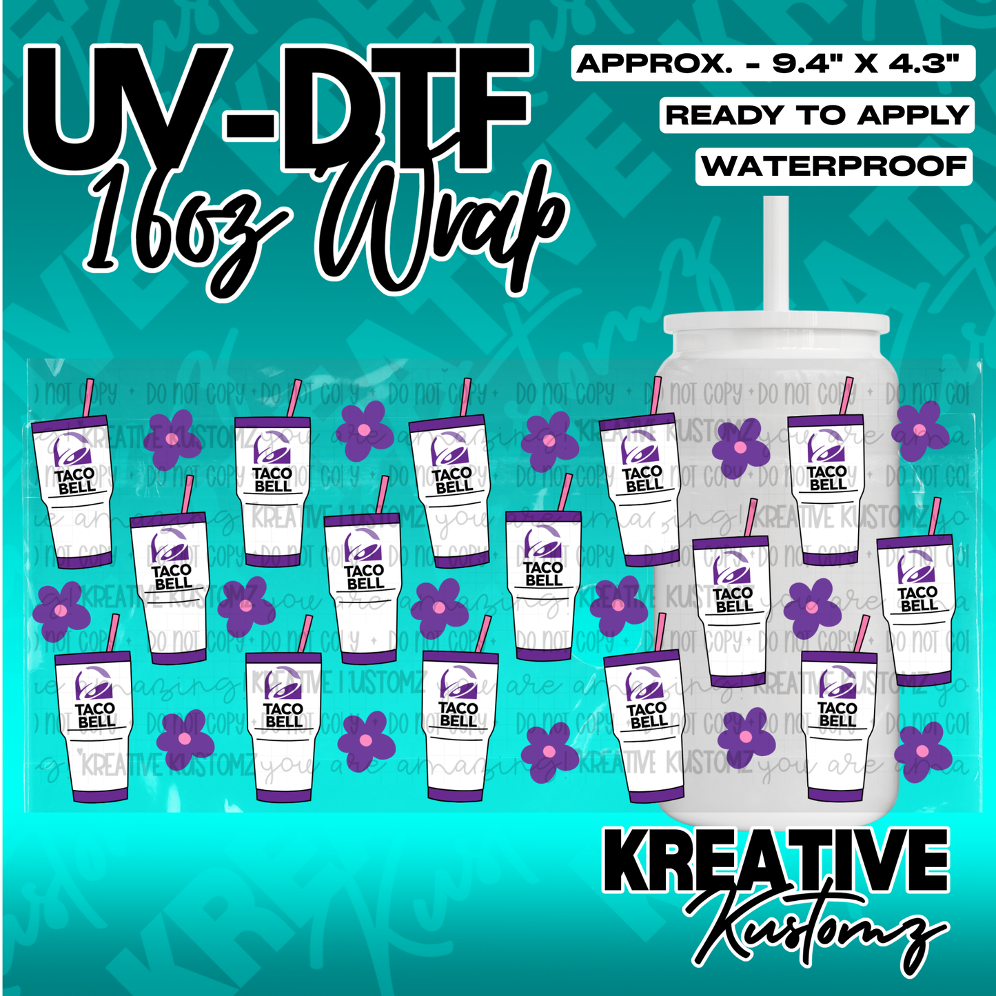 A UV DTF adhesive cup wrap featuring a repeating pattern of Taco Bell cups and purple flowers.