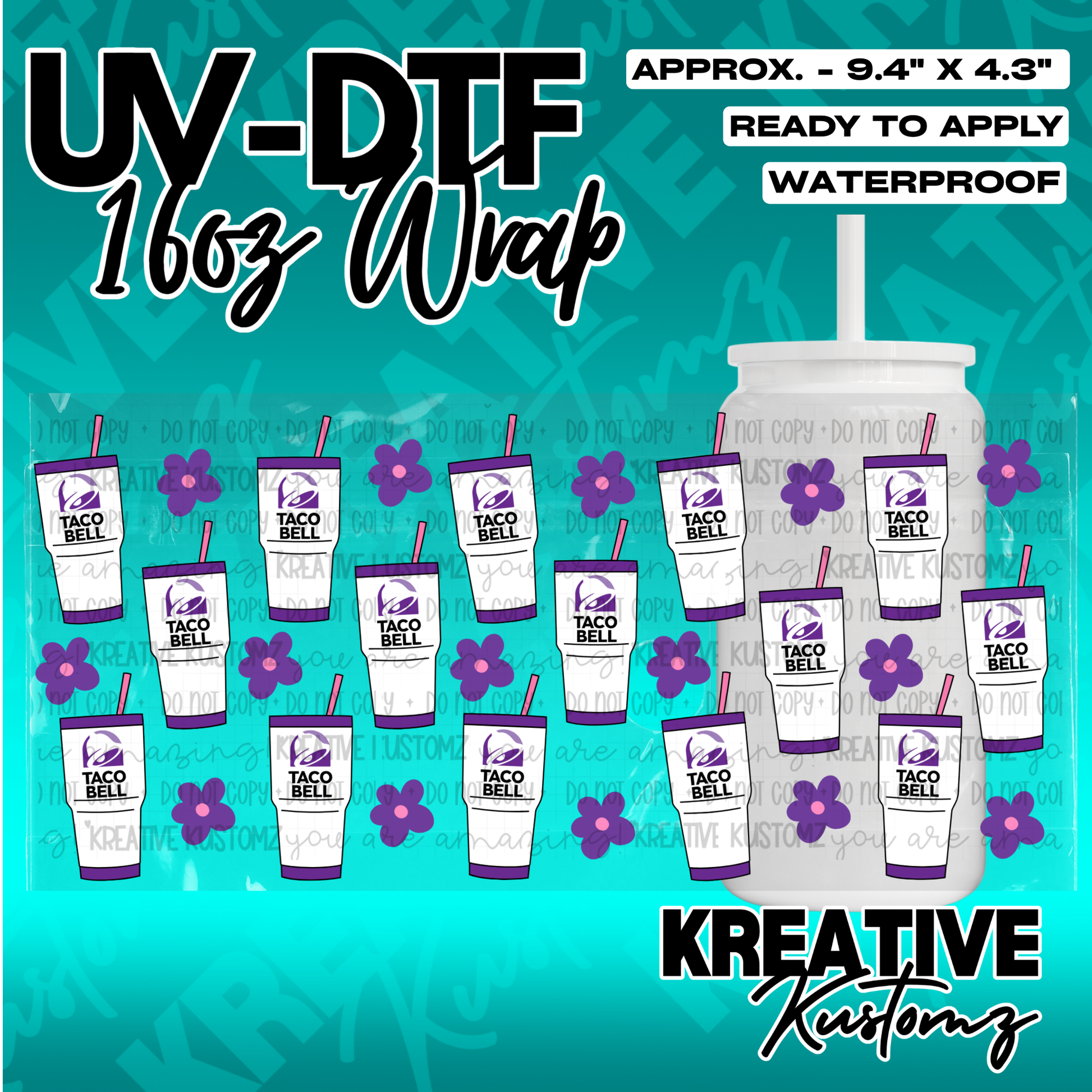 A UV DTF adhesive cup wrap featuring a repeating pattern of Taco Bell cups and purple flowers.