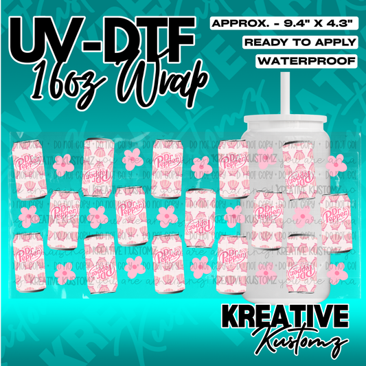 A UV DTF adhesive wrap for 16oz glass cans featuring a pink Dr. Pepper and floral pattern.