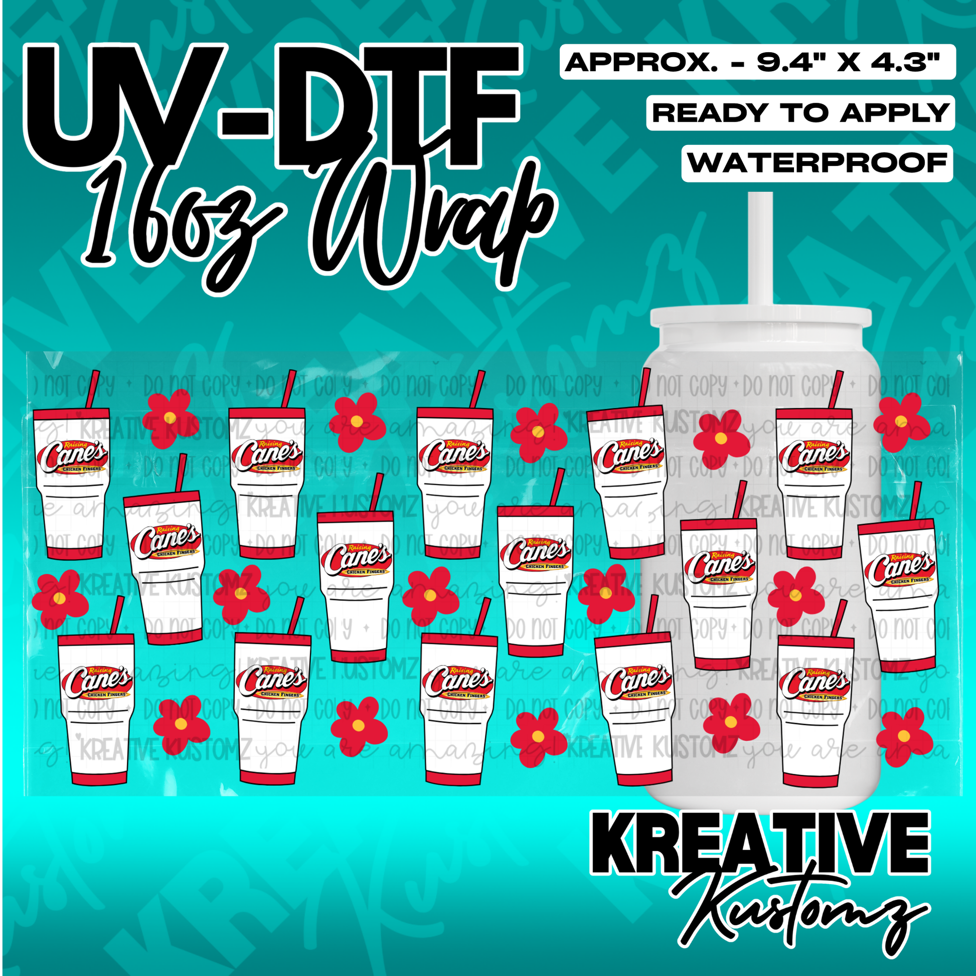 A UV DTF cup wrap featuring a pattern of Raising Cane's cups and red flowers.