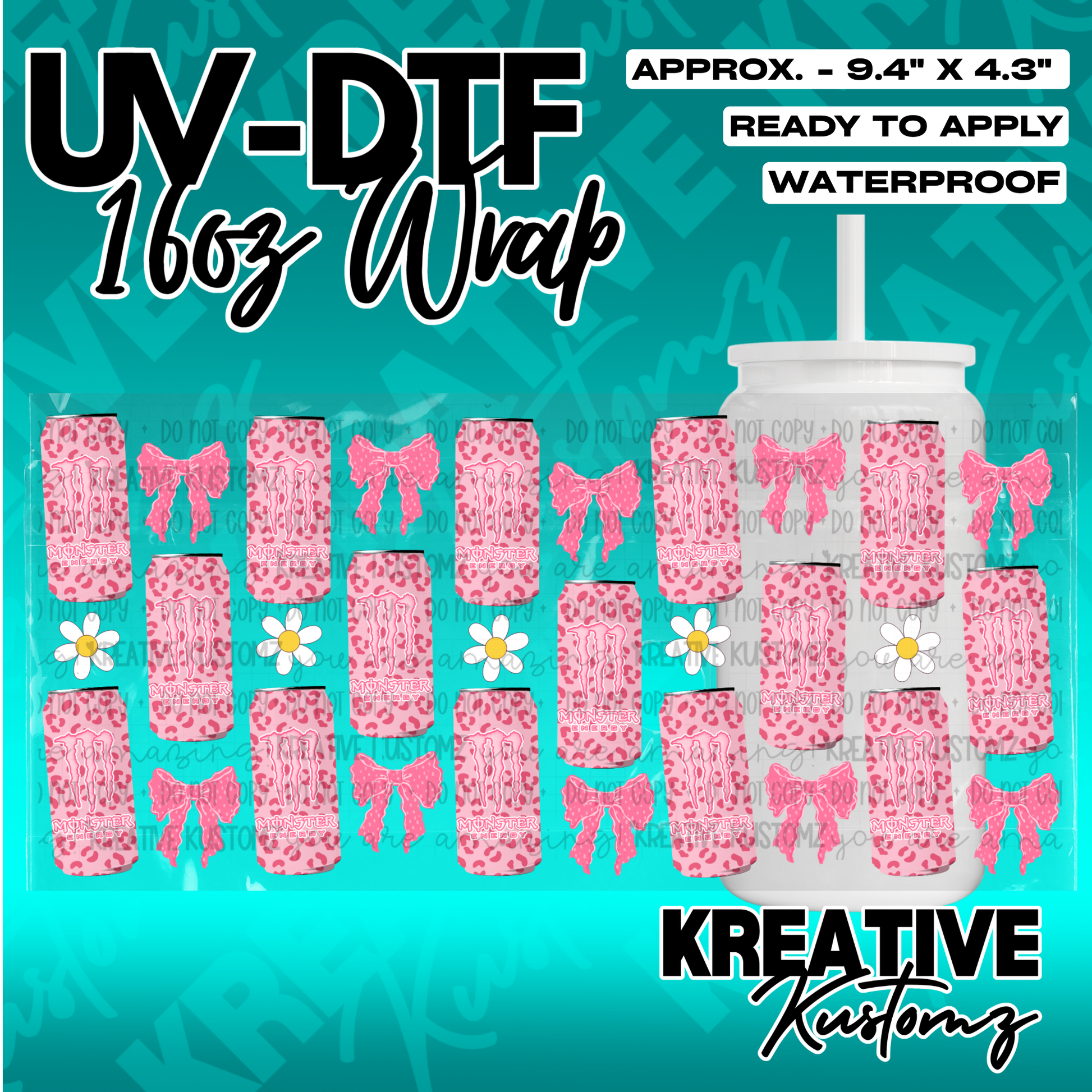 A pink leopard print UV DTF adhesive wrap featuring Monster Energy logos, bows, and daisies.
